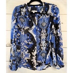 Chicos Blue Ikat Damask Sheer Blouse Split V-Neck Long Sleeve Top Size 0 Small